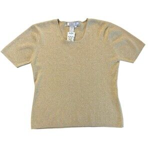 VTG Euro-X Shirt Top Womens L Beige Champagne 100% Silk Ribbed Short Sleeve